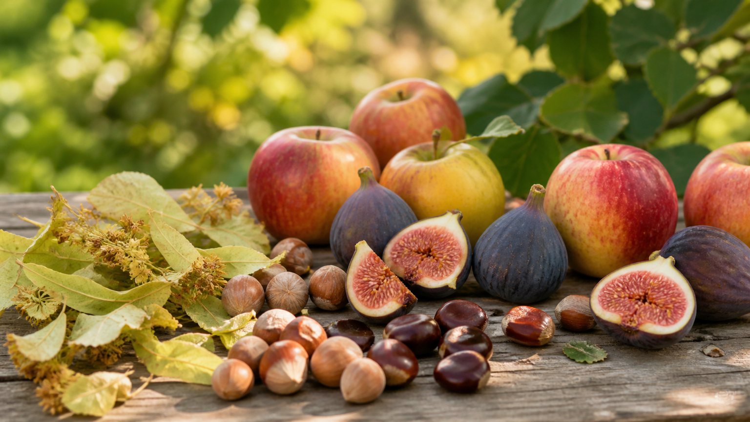 Pommes, figues, noisettes, feuilles de tilleul et châtaignes récoltées au jardin