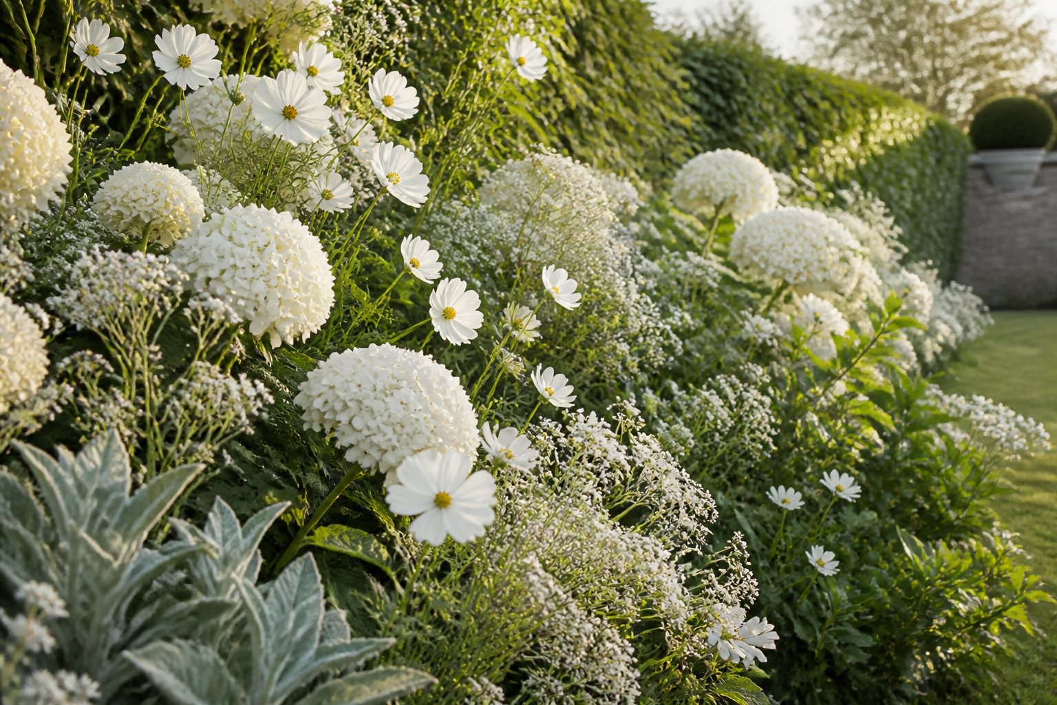 Massif lumineux composé de fleurs blanches, hortensias, gypsophile et cosmos