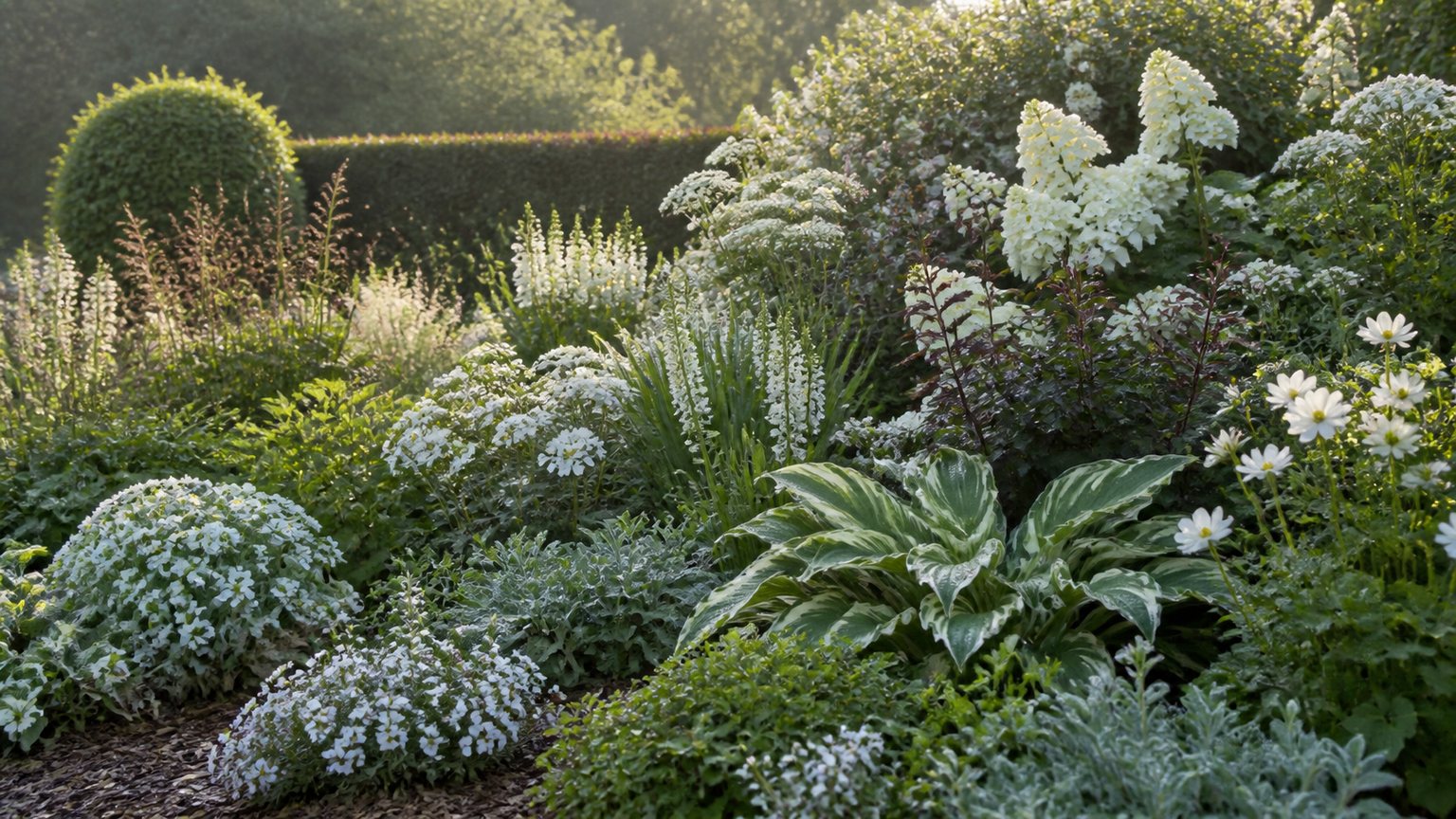 Association de fleurs blanches et feuillages contrastés dans un massif de jardin