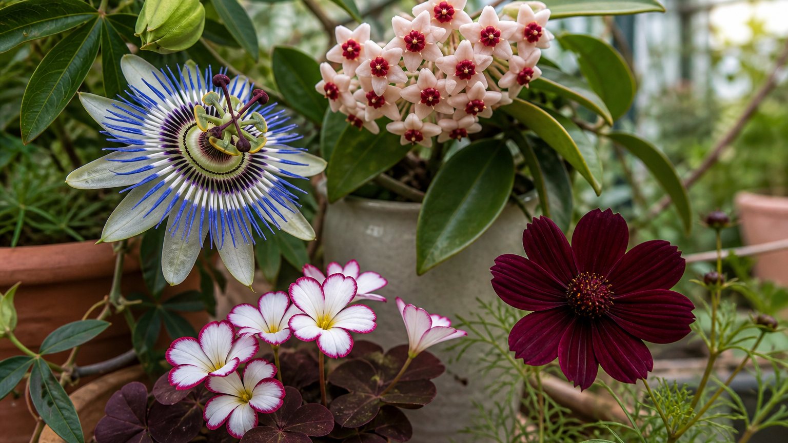 Fleurs rares cultivables en pot et en massif dans une serre lumineuse