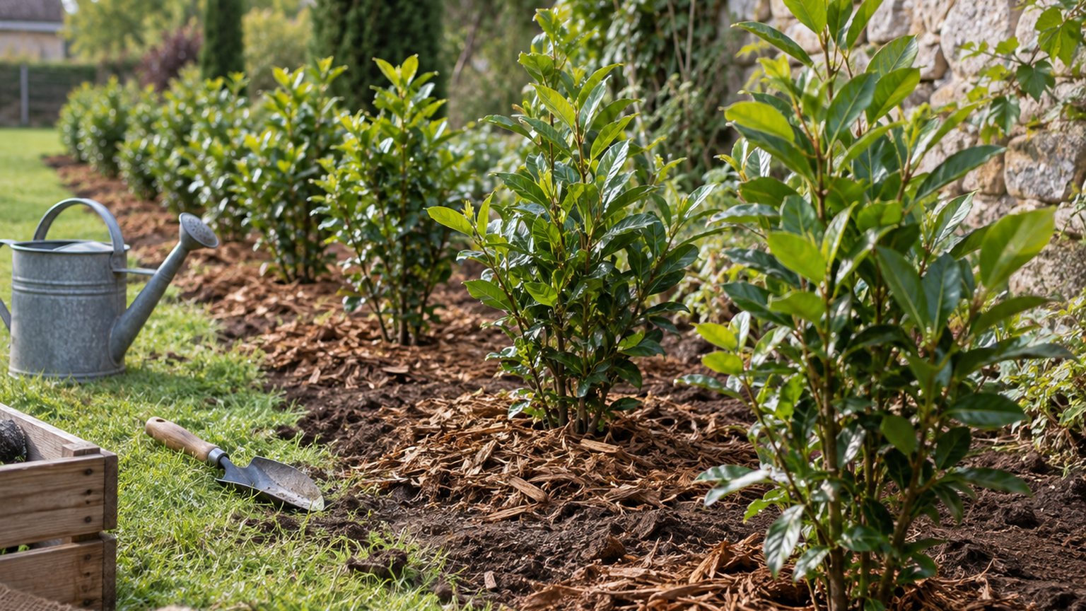 Jeunes arbustes de haie persistante plantés en quinconce avec paillage