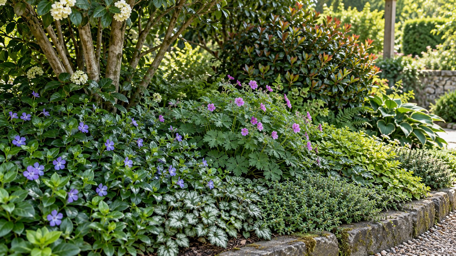 Massif de plantes couvre-sol persistantes limitant les mauvaises herbes sous des arbustes