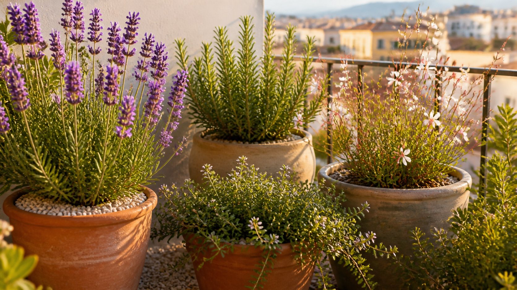 Balcon exposé au soleil avec lavande, romarin, thym et gauras en pots