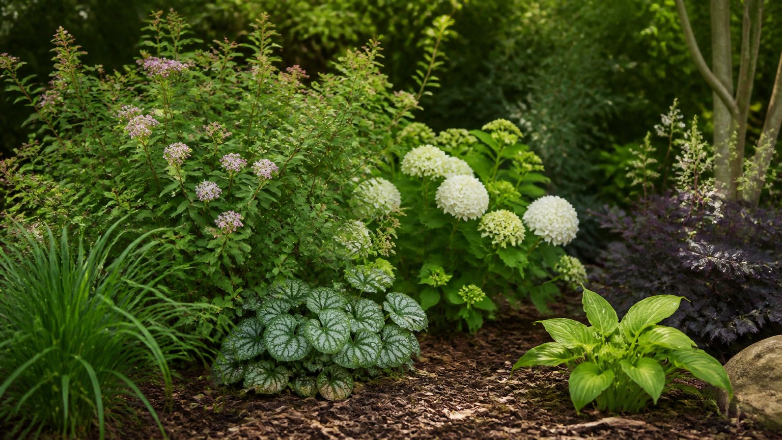 Massif de jardin avec arbustes de mi-ombre et hydrangeas