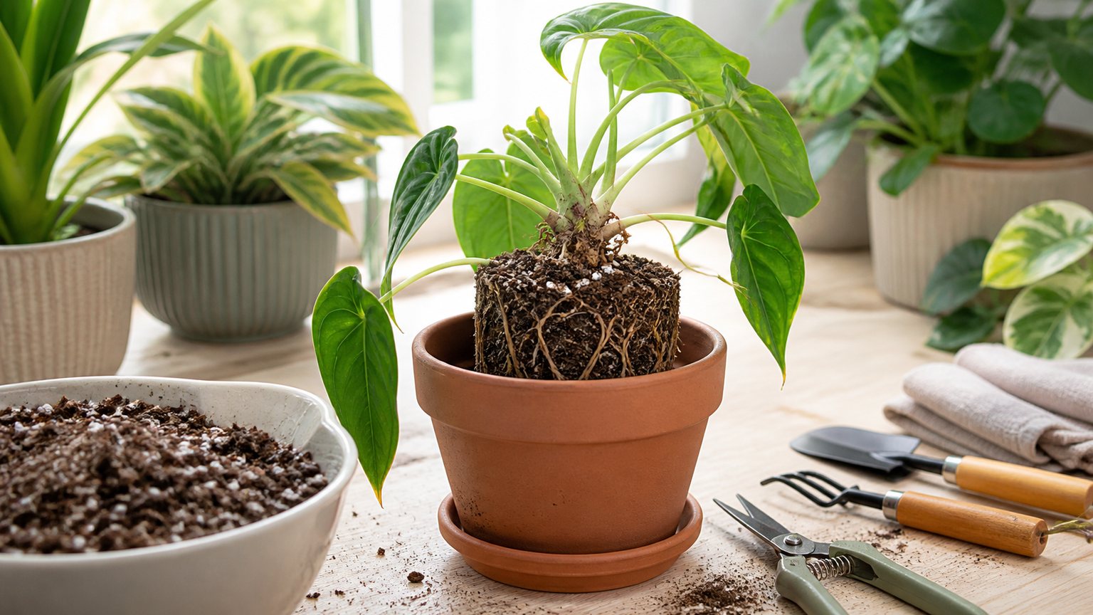 Rempotage doux d’une plante d’intérieur aux feuilles molles dans un substrat drainant