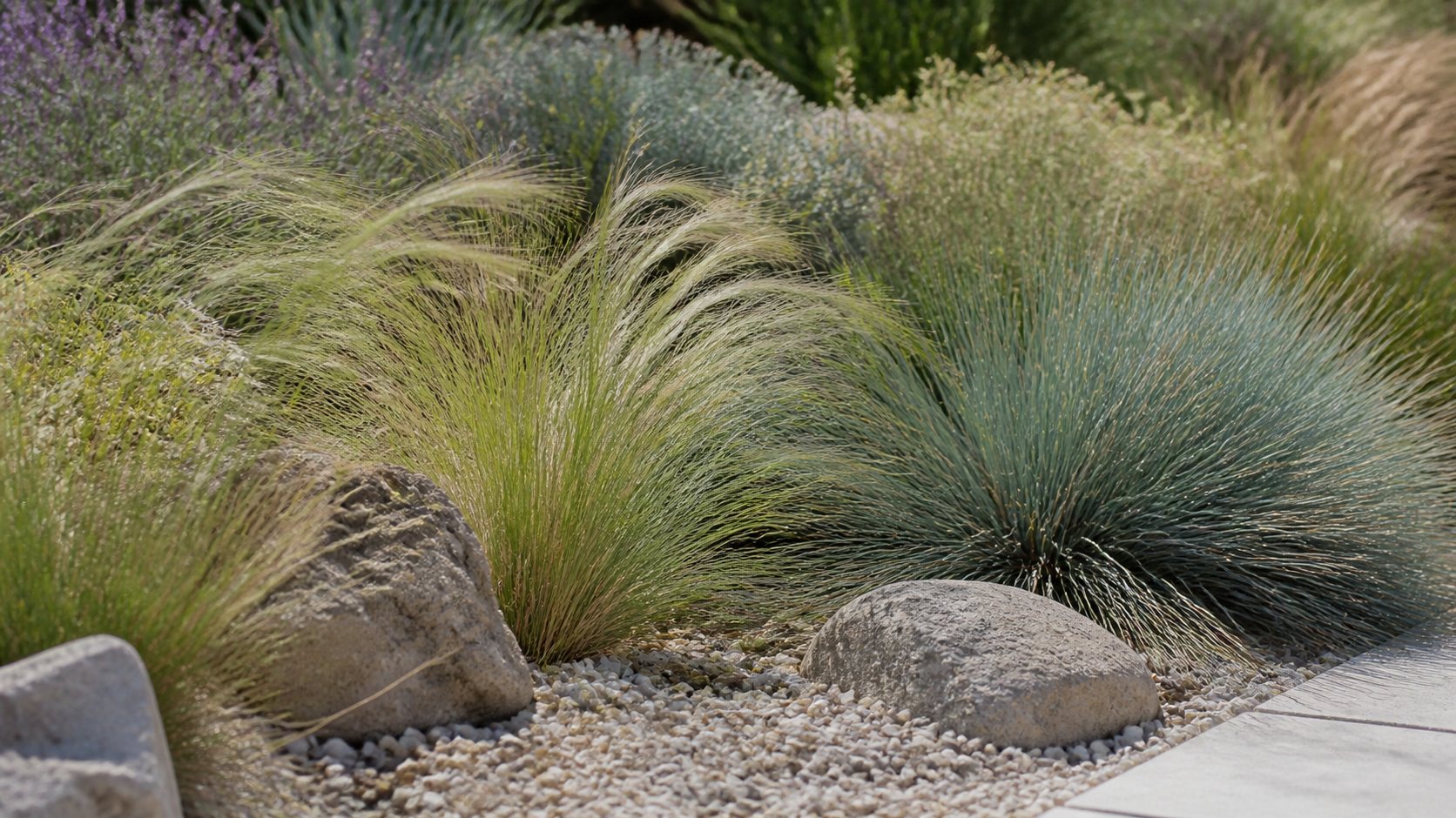 Bordure de jardin sec plantée de stipa et de fétuque bleue