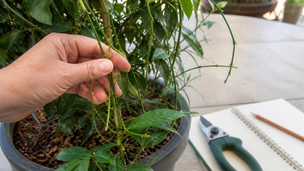 Observation des tiges d’un Jasminum polyanthum pour diagnostiquer l’absence de fleurs