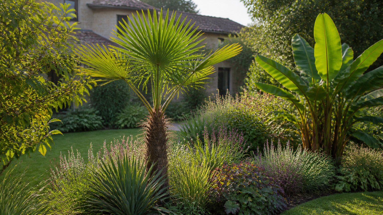 Jardin français avec palmier rustique et feuillage exotique