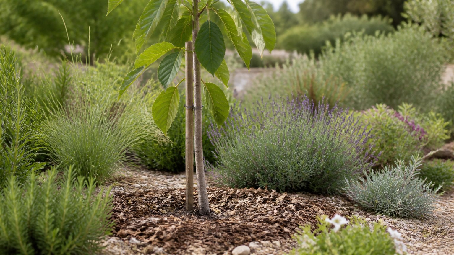 Jeune arbre exotique rustique planté avec paillage et sol drainé