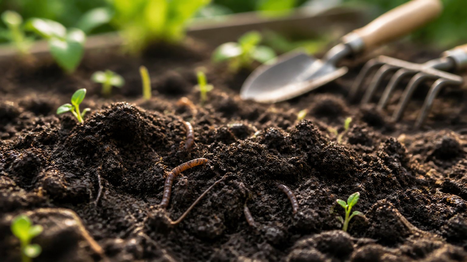 Sol de jardin vivant enrichi au compost avant plantation