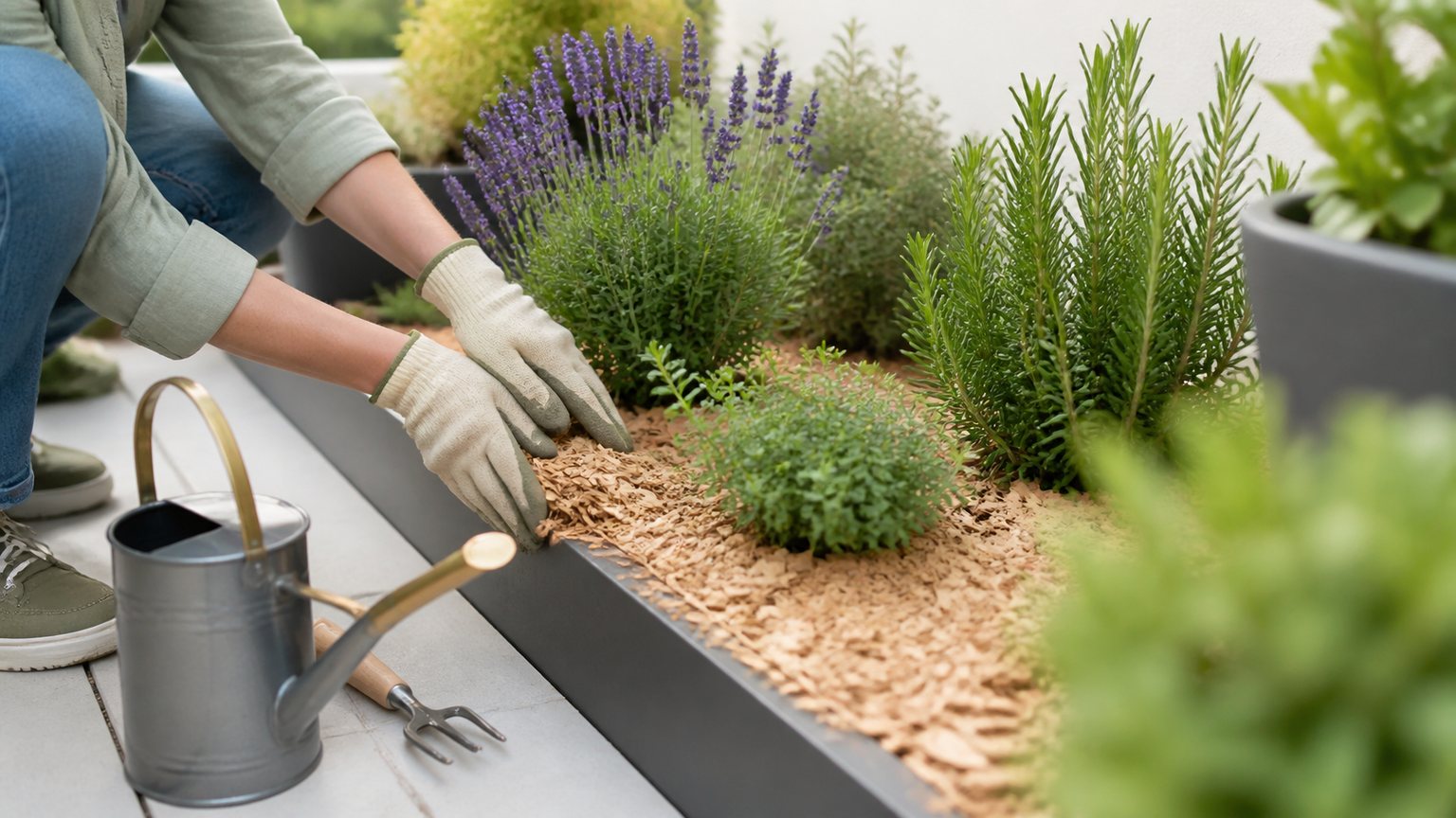 Paillage et lavande près d’une terrasse pour réduire le pollen au jardin