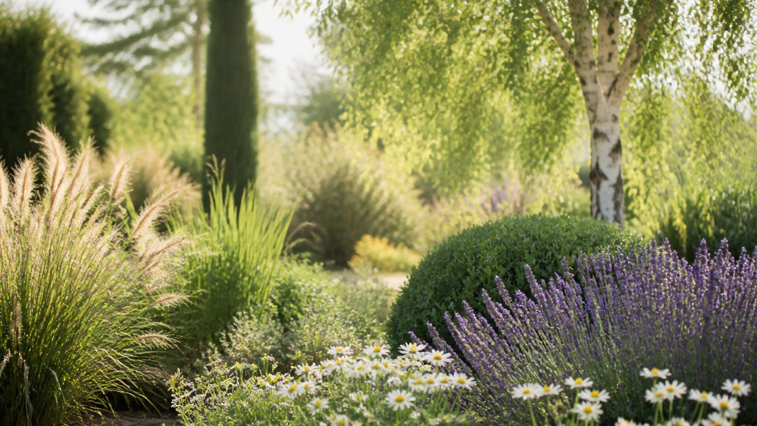 Jardin avec bouleau, graminées et lavande pour illustrer les plantes allergisantes