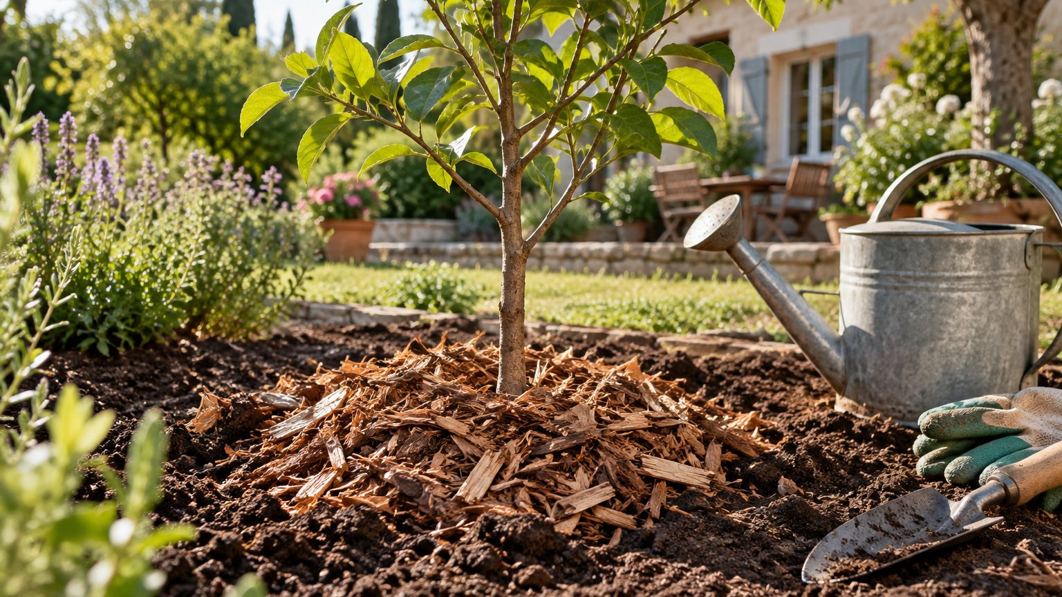 Plantation d’un jeune arbre avec paillage et arrosage de reprise