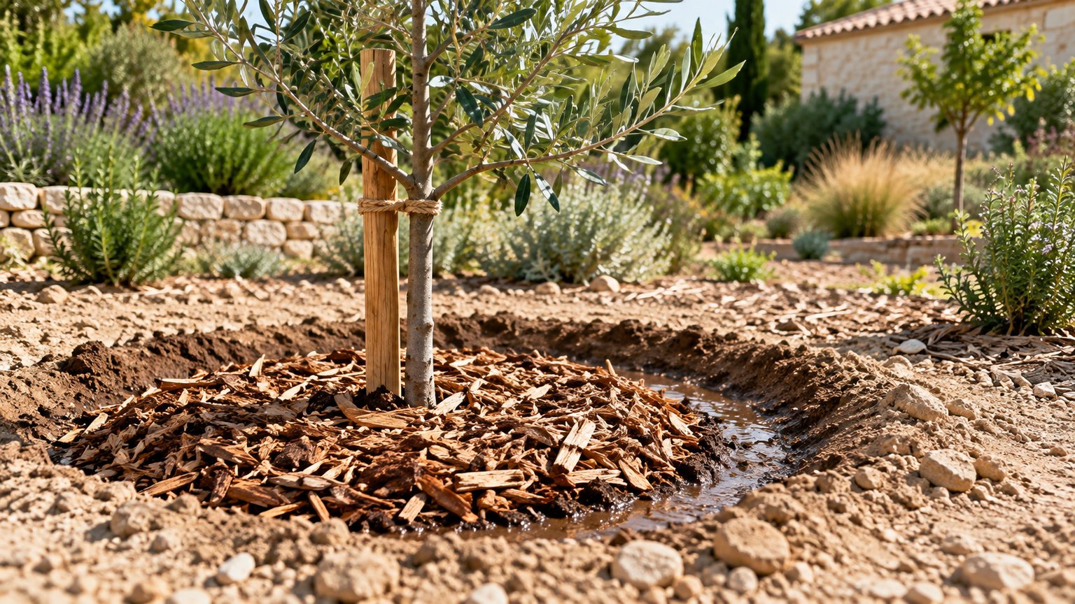 Jeune arbre planté avec paillage et cuvette d’arrosage