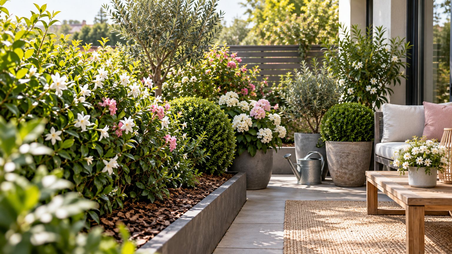 Arbustes compacts fleuris en bac sur une terrasse