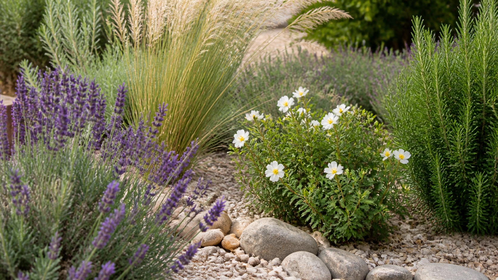 Massif de jardin sec avec plantes sobres en eau