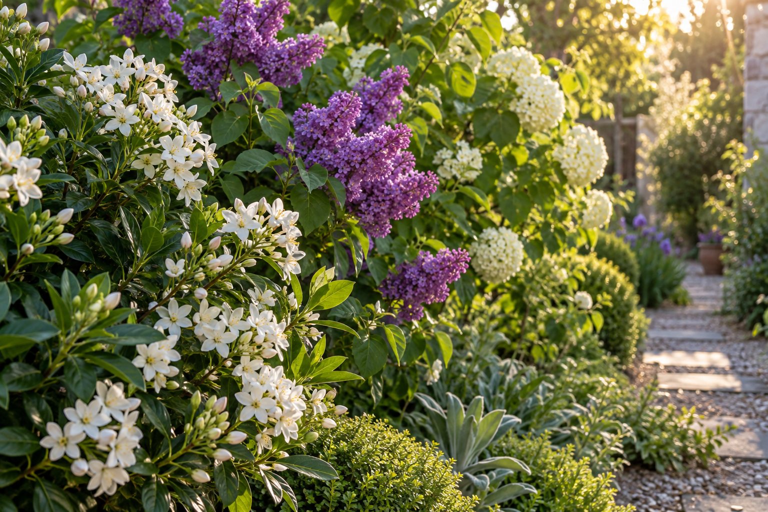 Massif d’arbustes parfumés en fleurs le long d’une allée