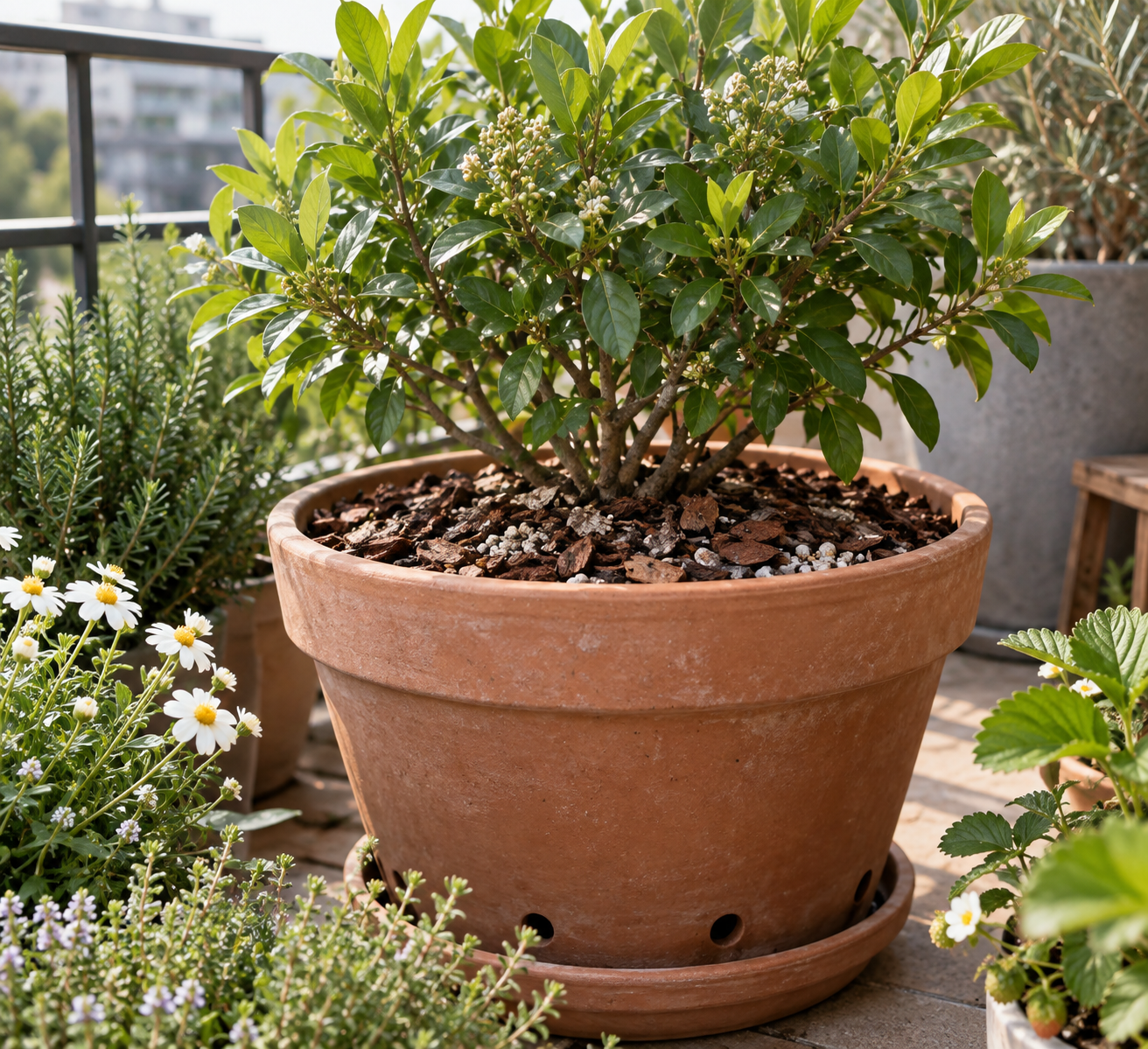 Arbuste en pot avec substrat drainant et paillage