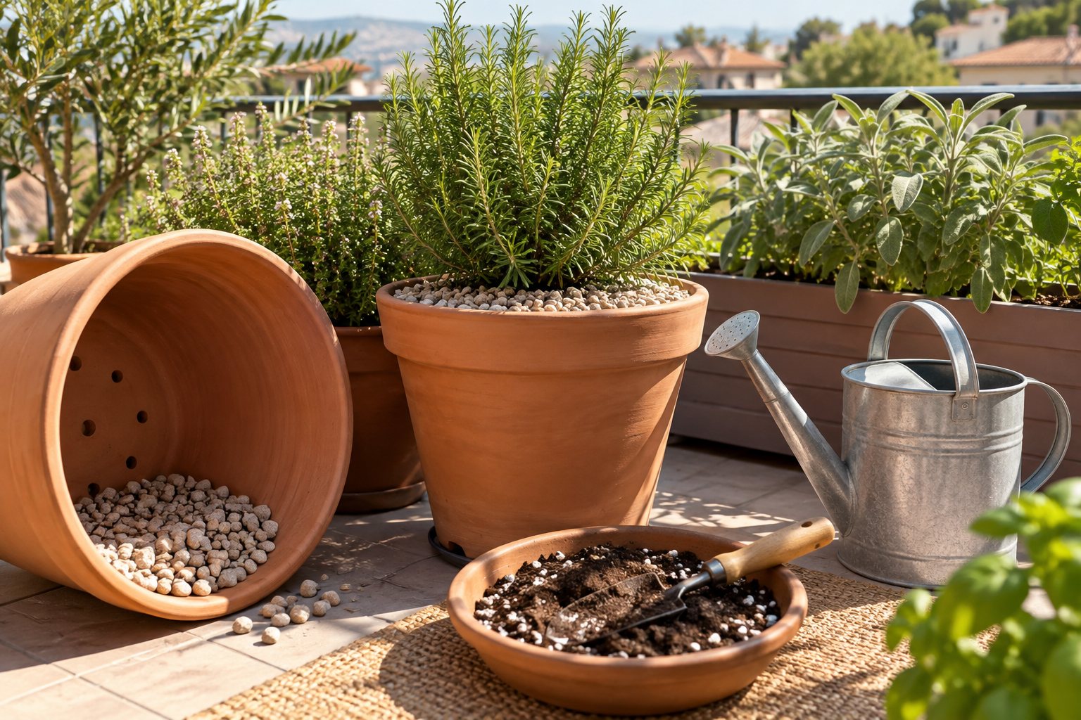 Pots drainants et paillage pour plantes de balcon en plein soleil