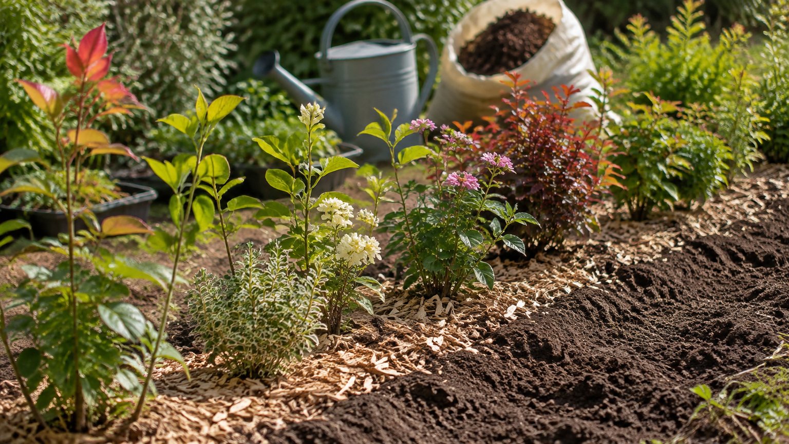 Jeune haie fleurie plantée avec paillage au pied des arbustes