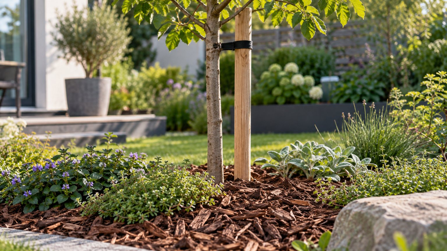 Jeune arbre planté avec paillage dans un jardin urbain