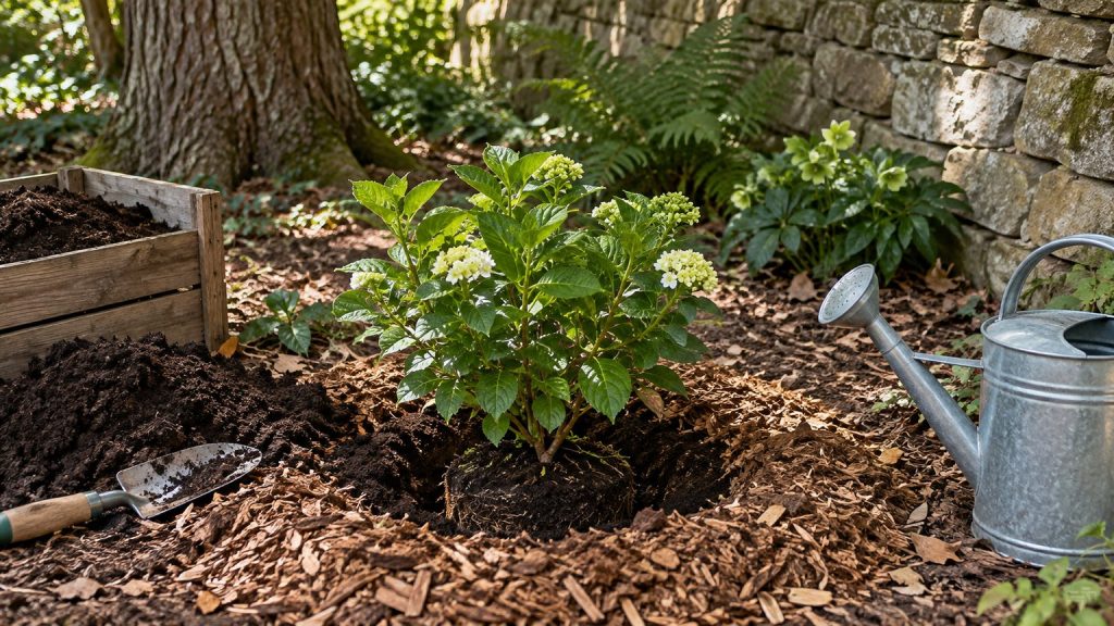Plantation d’un arbuste en ombre sèche avec paillage et arrosoir