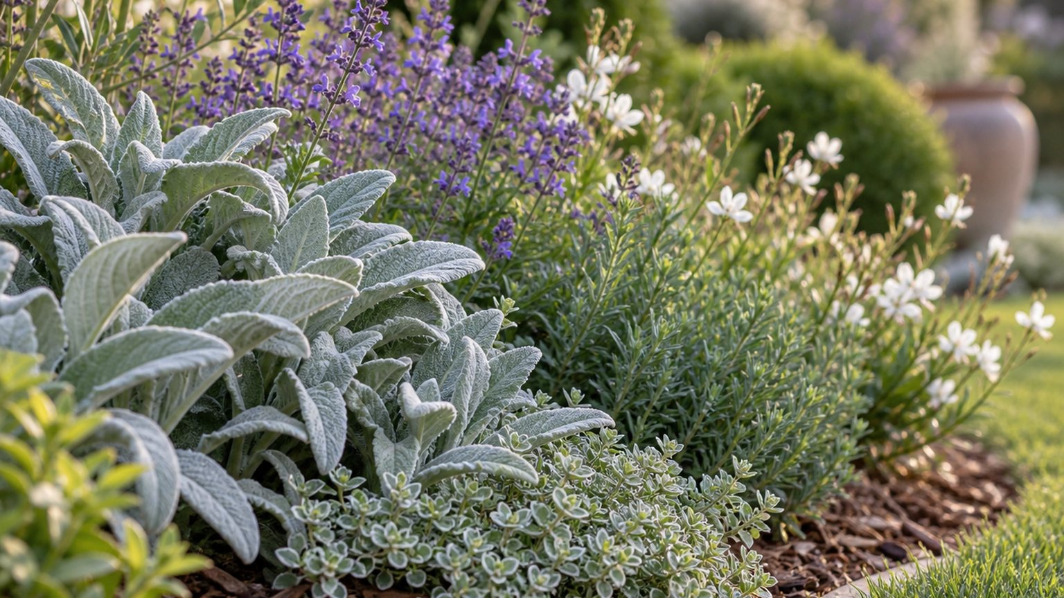 Association de plantes basses fleuries et de feuillages pour une bordure de massif
