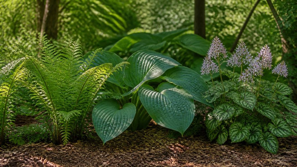 Hostas et fougères dans un massif à mi-ombre
