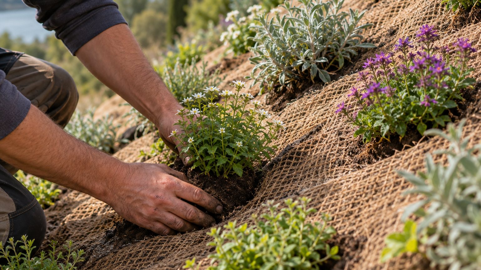 Plantation en quinconce avec toile coco sur un talus de jardin