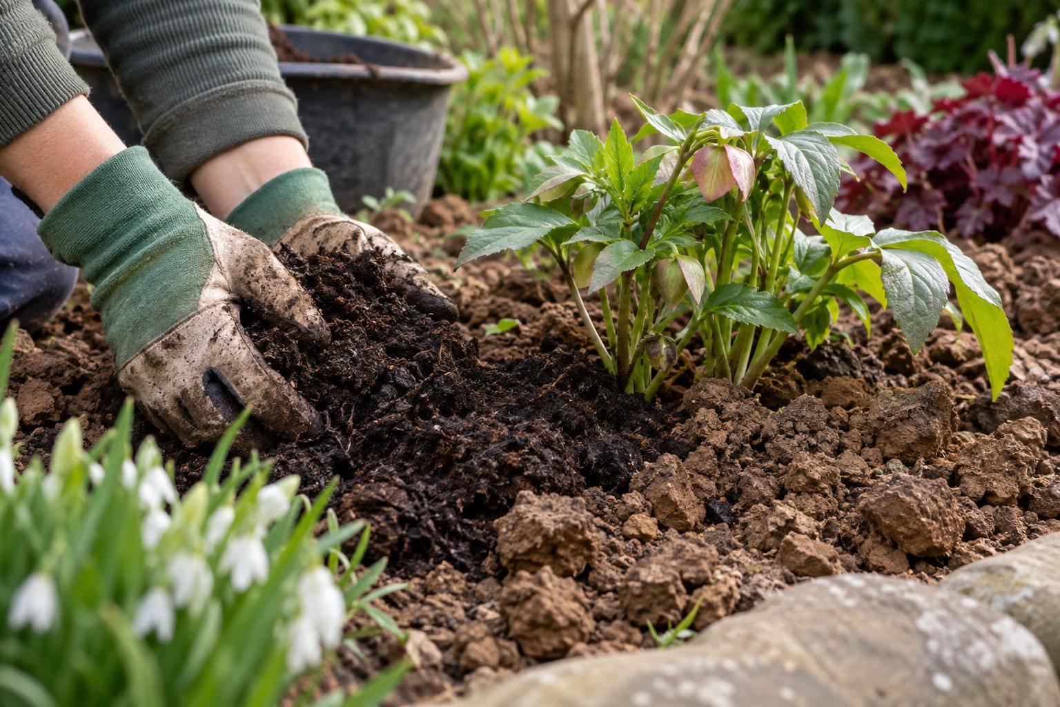 Compost incorporé dans une terre argileuse autour de jeunes plants
