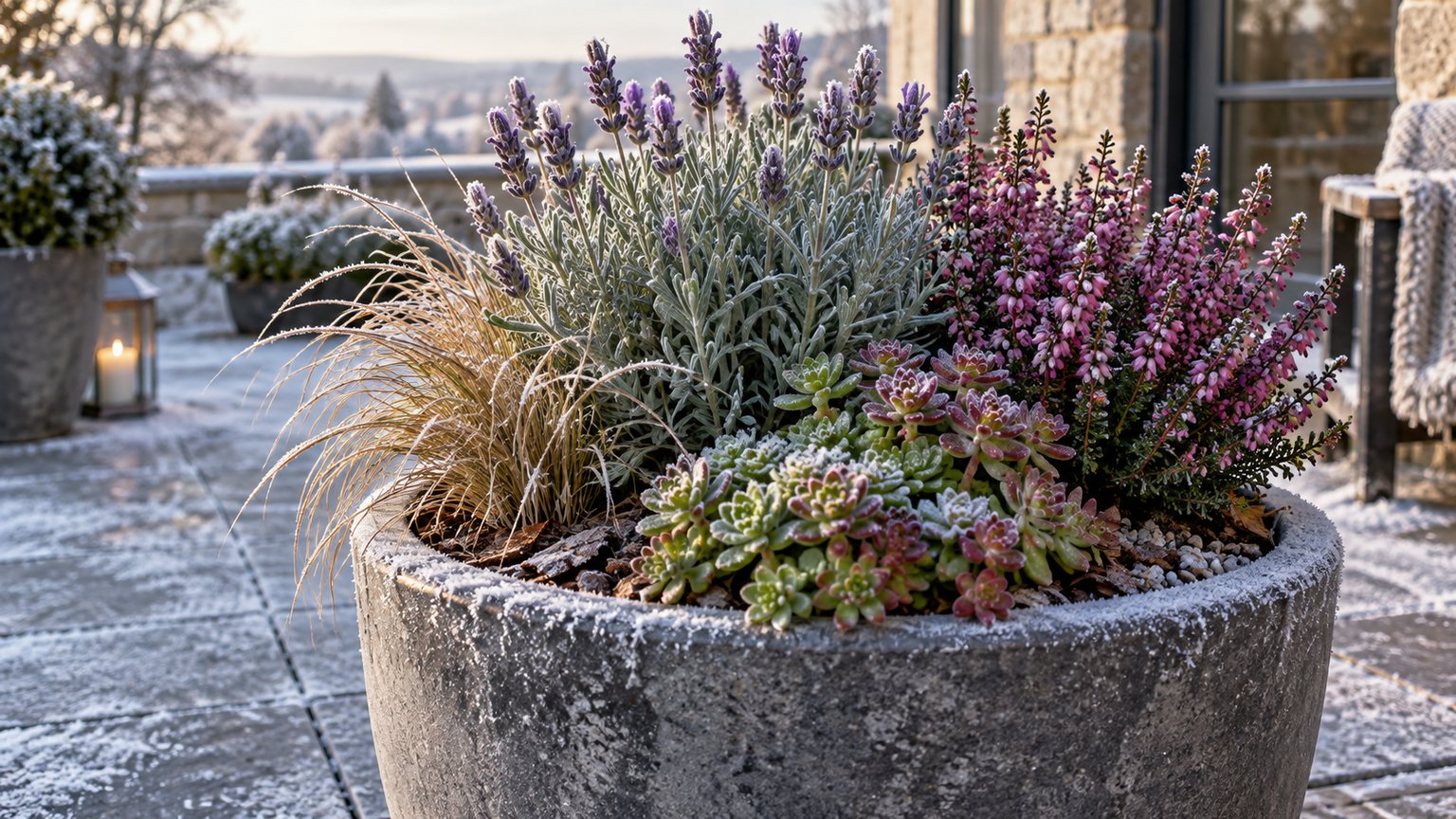 Pot extérieur préparé pour résister au gel avec bruyère, sedum et graminée