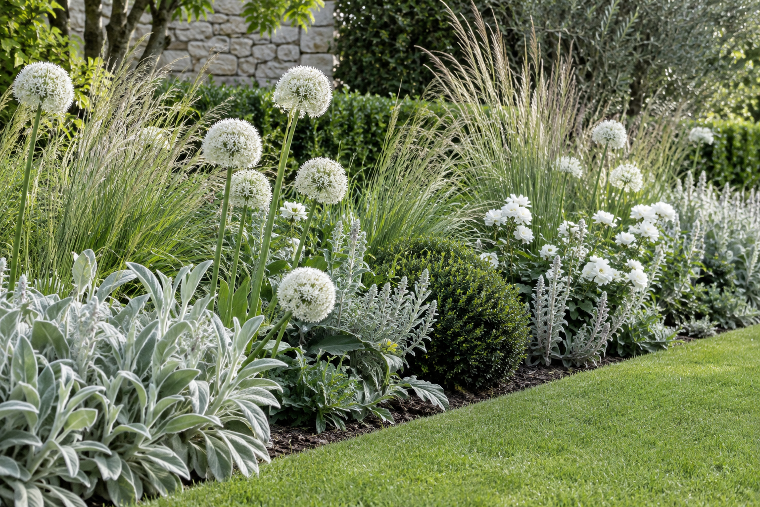 Bordure de jardin blanc avec feuillages argentés et alliums