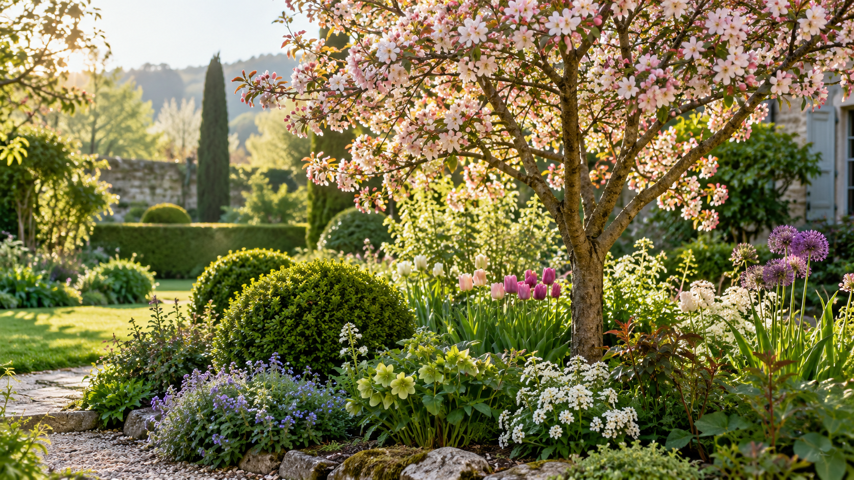 Arbre d’ornement en fleurs dans un jardin naturel