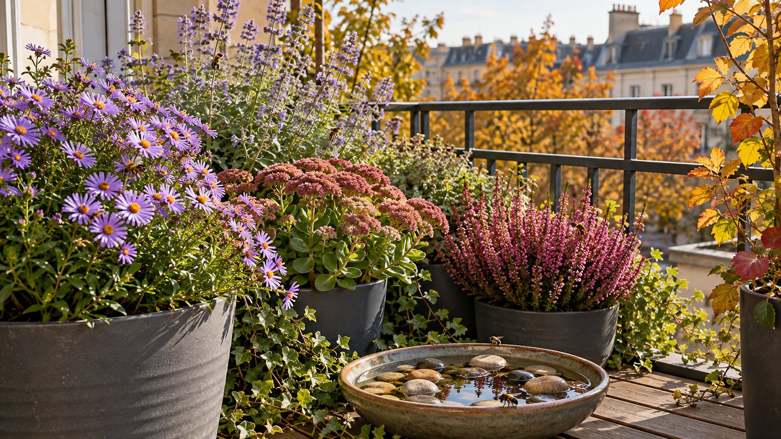 Balcon fleuri d’automne avec asters, sedums, bruyères et coupelle d’eau