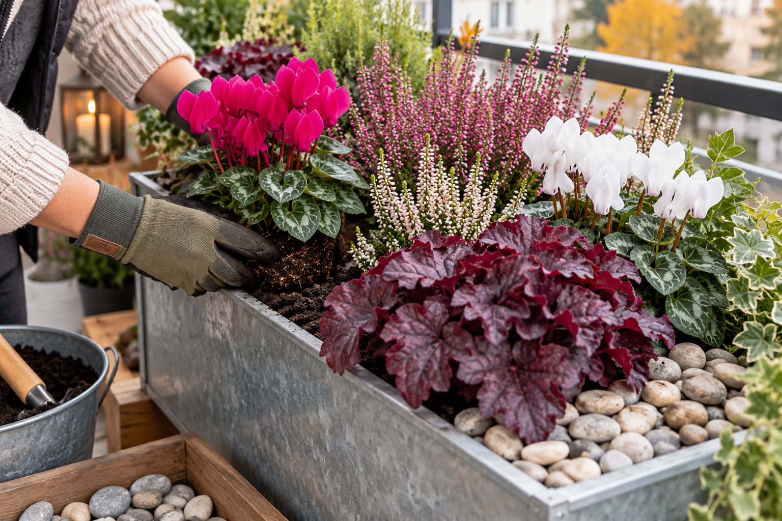 Composition d’une jardinière d’automne dans un bac en zinc avec plantes et paillage