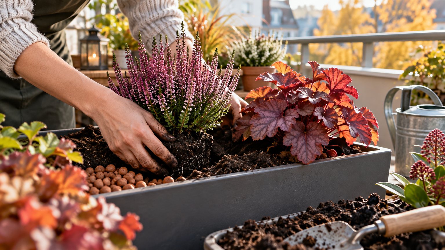Plantation de bruyère et de feuillages dans une jardinière d’automne