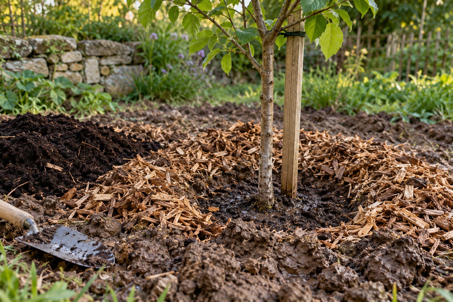 Jeune arbre planté sur sol argileux humide avec paillage éloigné du tronc