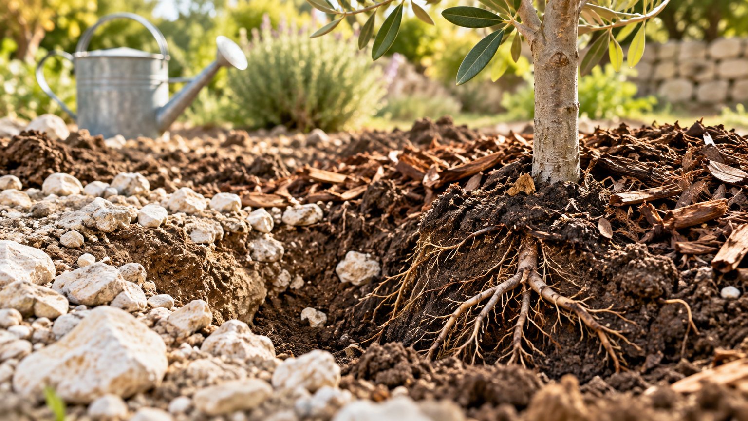 Sol calcaire pierreux enrichi et paillé avant la plantation d’un arbre